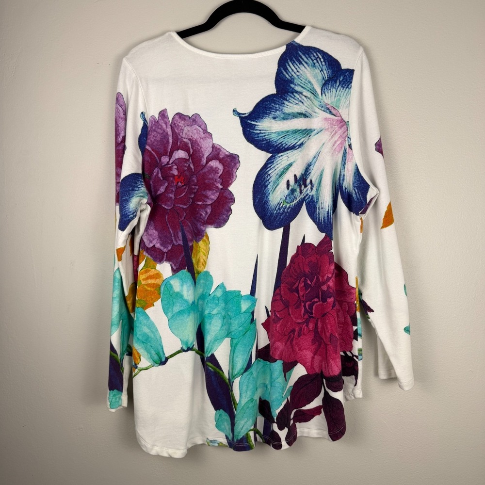 Denim & Co. Blouse Women's Large White Multi Floral Print Round Neck Pullover - Picture 2 of 11